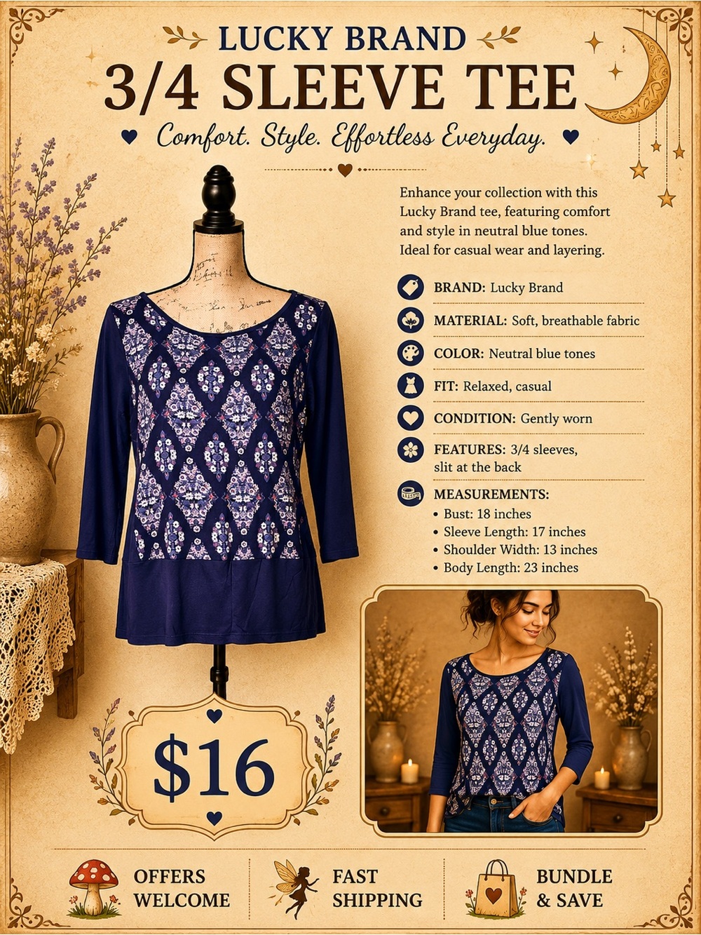 Lucky Brand 3/4 Sleeve Soft Tee Top